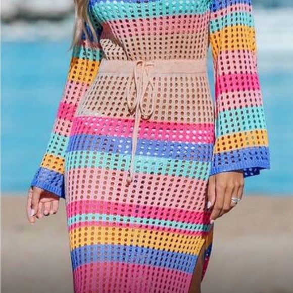 She and Sky Multicolor Crochet Maxi Swim Coverup — Pink, Turquoise, Yellow, Blue - Picture 3 of 3